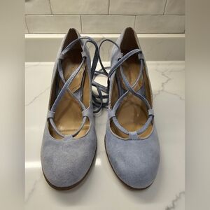 Adrienne Vittadini Smiley Blue Suede Wedge Sandles With Lace Up Wrap